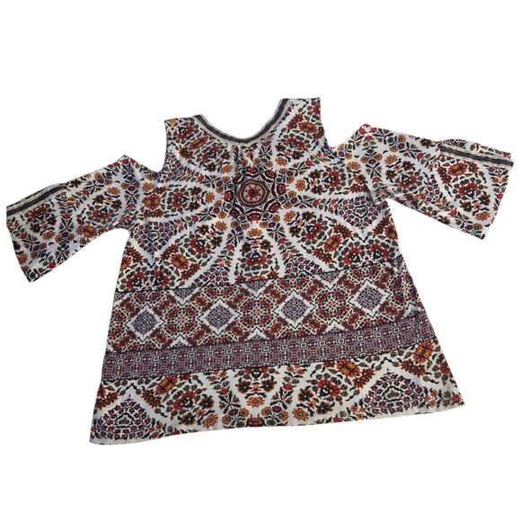 Style & Co Cold Shoulder Embroidered Trim Cotton Boho Chic Top Multicolor Size L - Picture 3 of 15